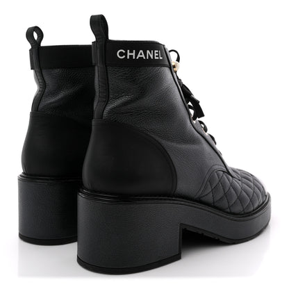 Chanel Pearly Calfskin Patent Calfskin Lace Up Combat Boots 40 Black 5 of 11