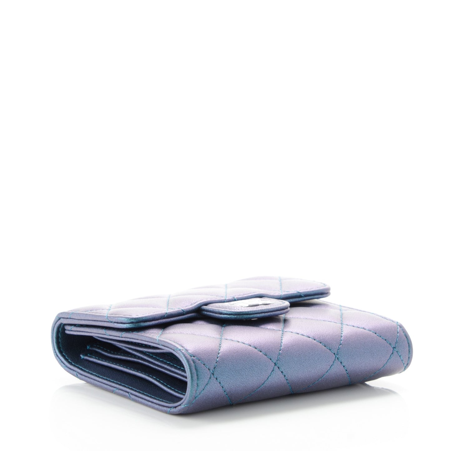 Metallic Lambskin Quilted Compact Flap Wallet Turquoise