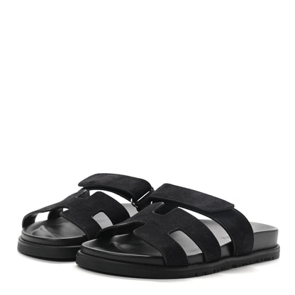 Hermes Suede Goatskin Womens Chypre Sandals 37.5 Black 3 of 7