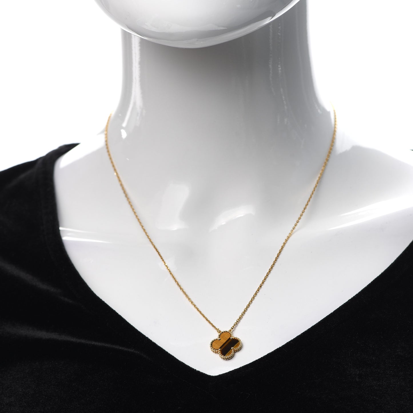18K Yellow Gold Tiger Eye Vintage Alhambra Pendant Necklace