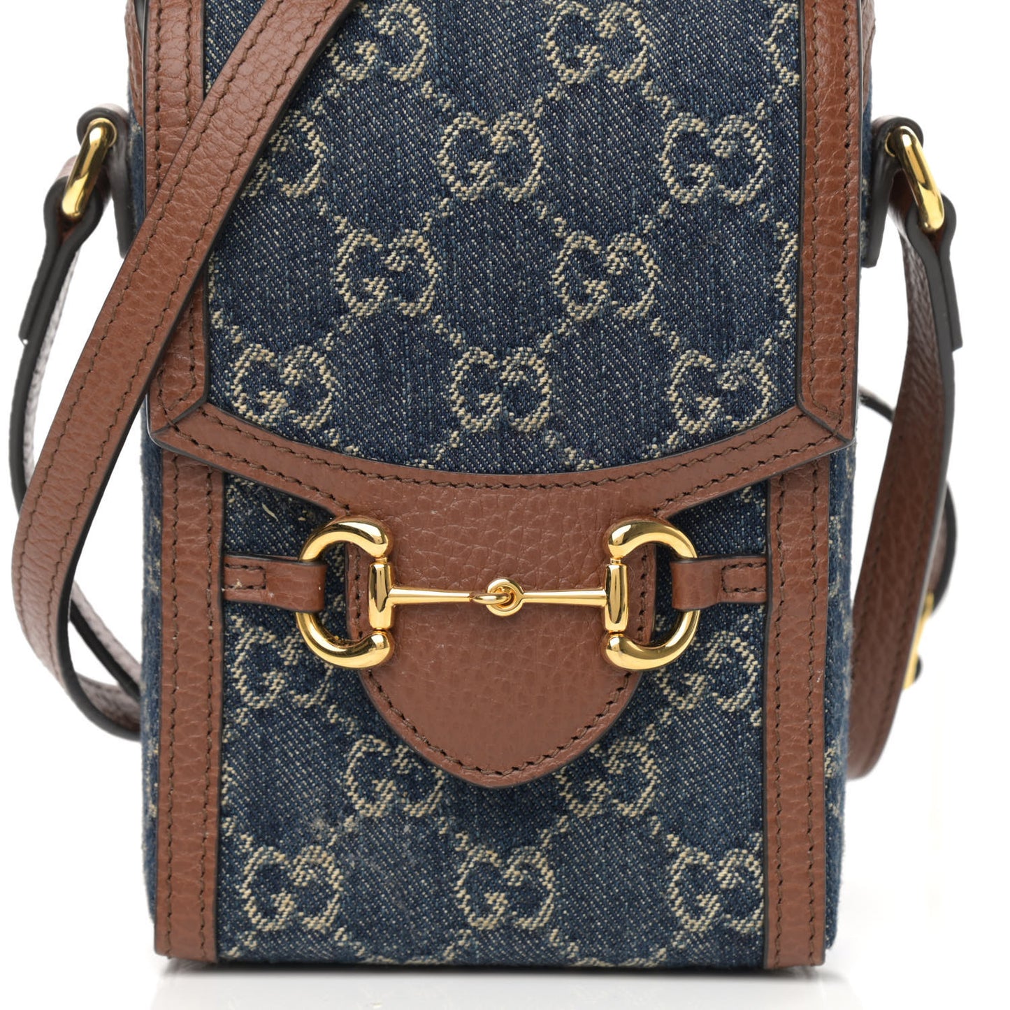 New Denim GG Monogram Dollar Calfskin Mini Horsebit 1955 Crossbody Bag Blue Tea Cuir Epilog
