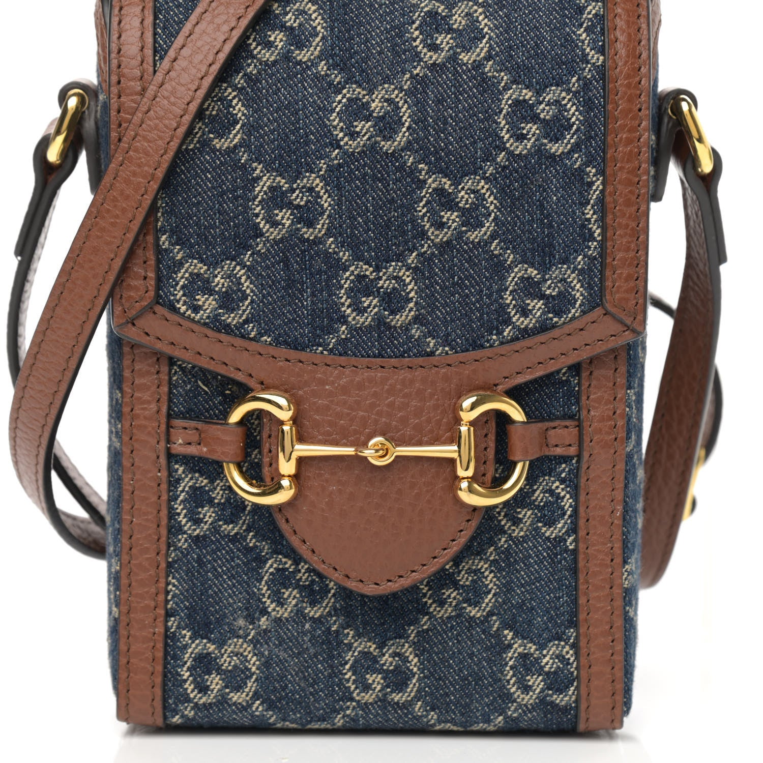 Gucci New Denim GG Monogram Dollar Calfskin Mini Horsebit 1955 Crossbody Bag Blue Tea Cuir Epilog 7 of 13