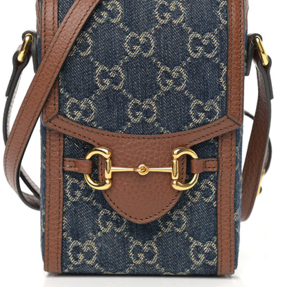 Gucci New Denim GG Monogram Dollar Calfskin Mini Horsebit 1955 Crossbody Bag Blue Tea Cuir Epilog 7 of 13