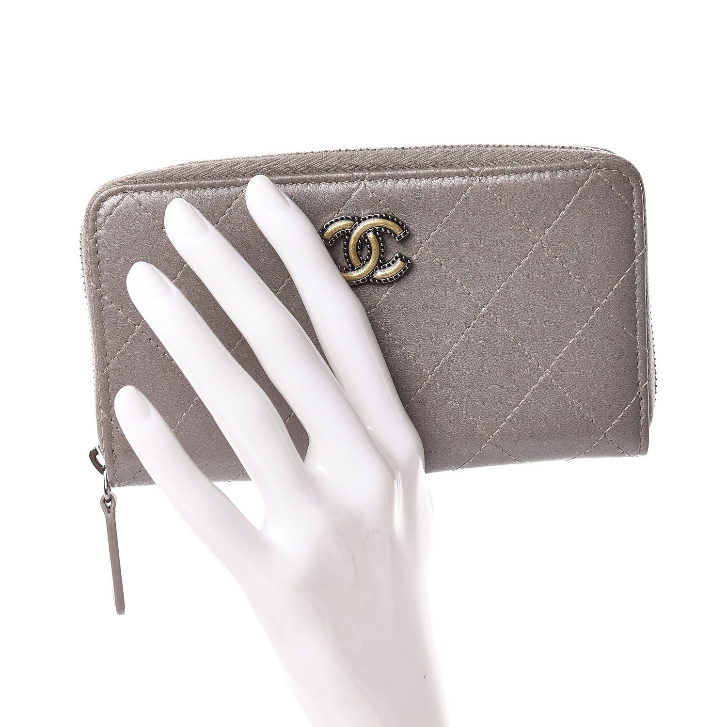 Chanel Calfskin Resin Stitched Small Zip Around Wallet Grey 2 of 8
