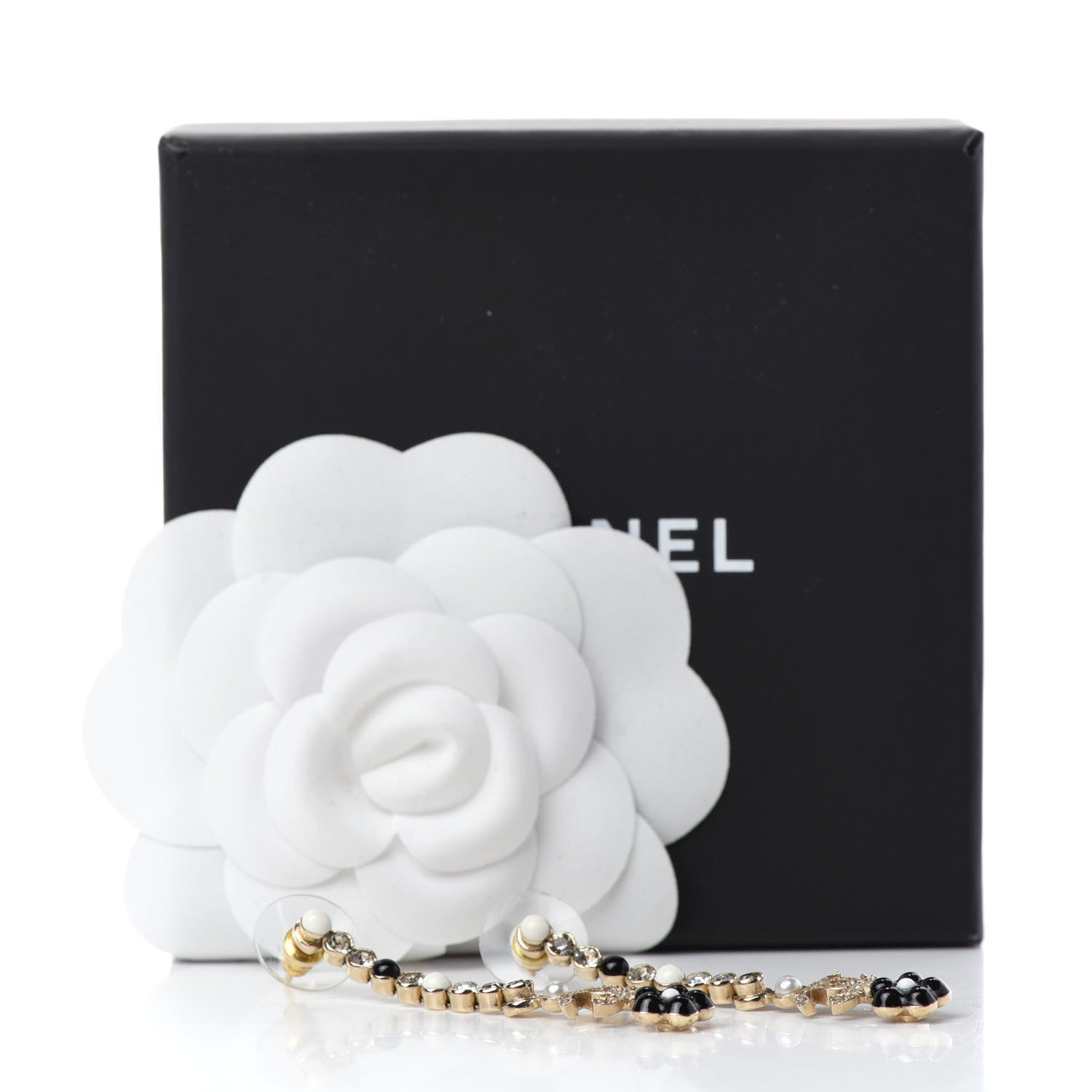 Chanel Crystal Enamel Flower CC Drop Earrings Gold White Black 5 of 5