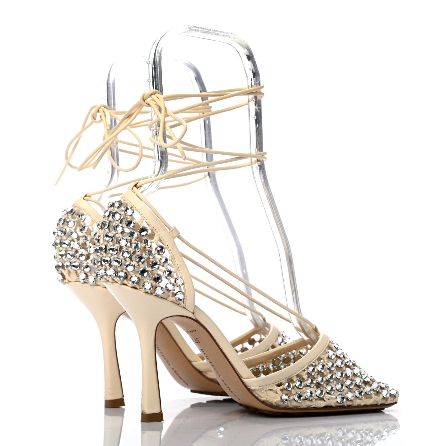 Mesh Nappa Crystal Embellished Sparkle Stretch Ankle Tie Sandals 37.5 Toile
