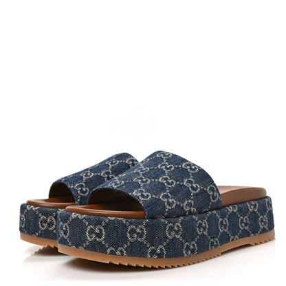 Gucci Jacquard Black Denim GG Monogram Angelina Platform 55mm Slide Sandals 38 Blue Tea Cuir 3 of 9