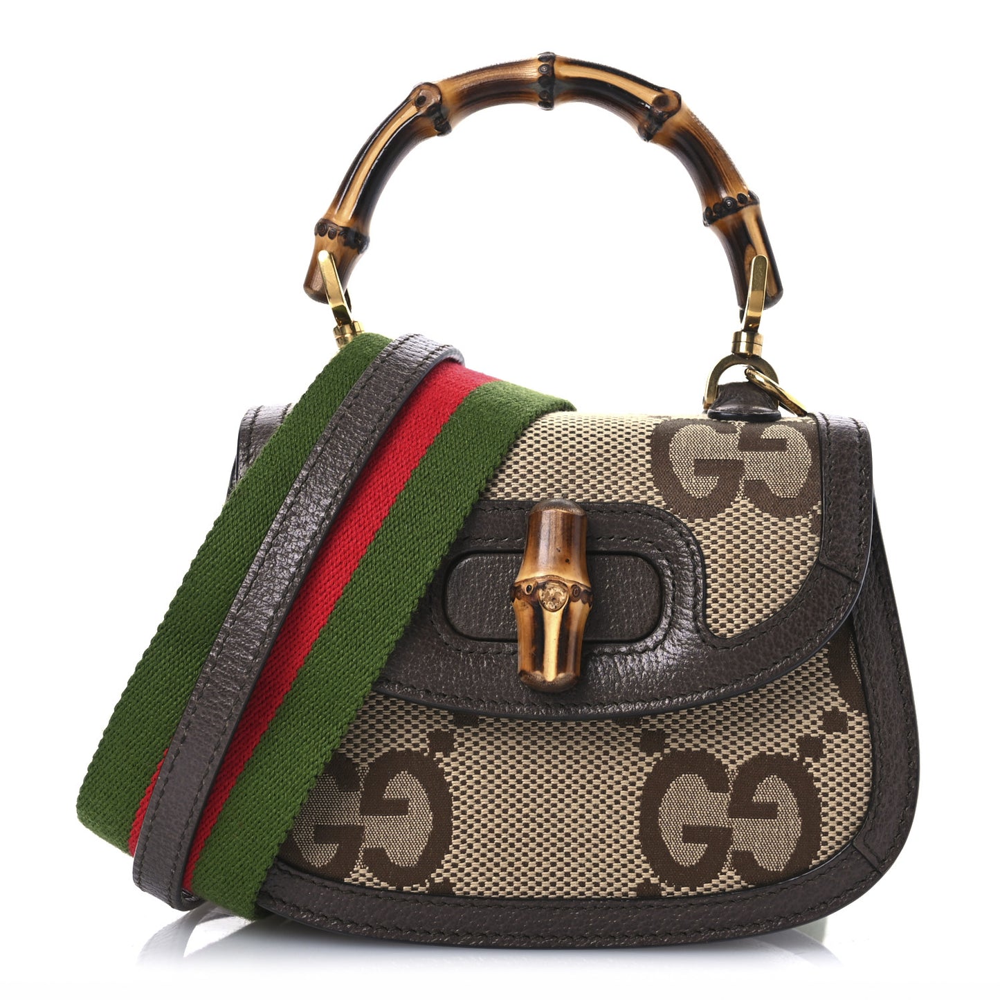 Monogram Jumbo GG Textured Dollar Calfskin Web Mini Bamboo 1947 Top Handle Bag Camel Ebony New Acero