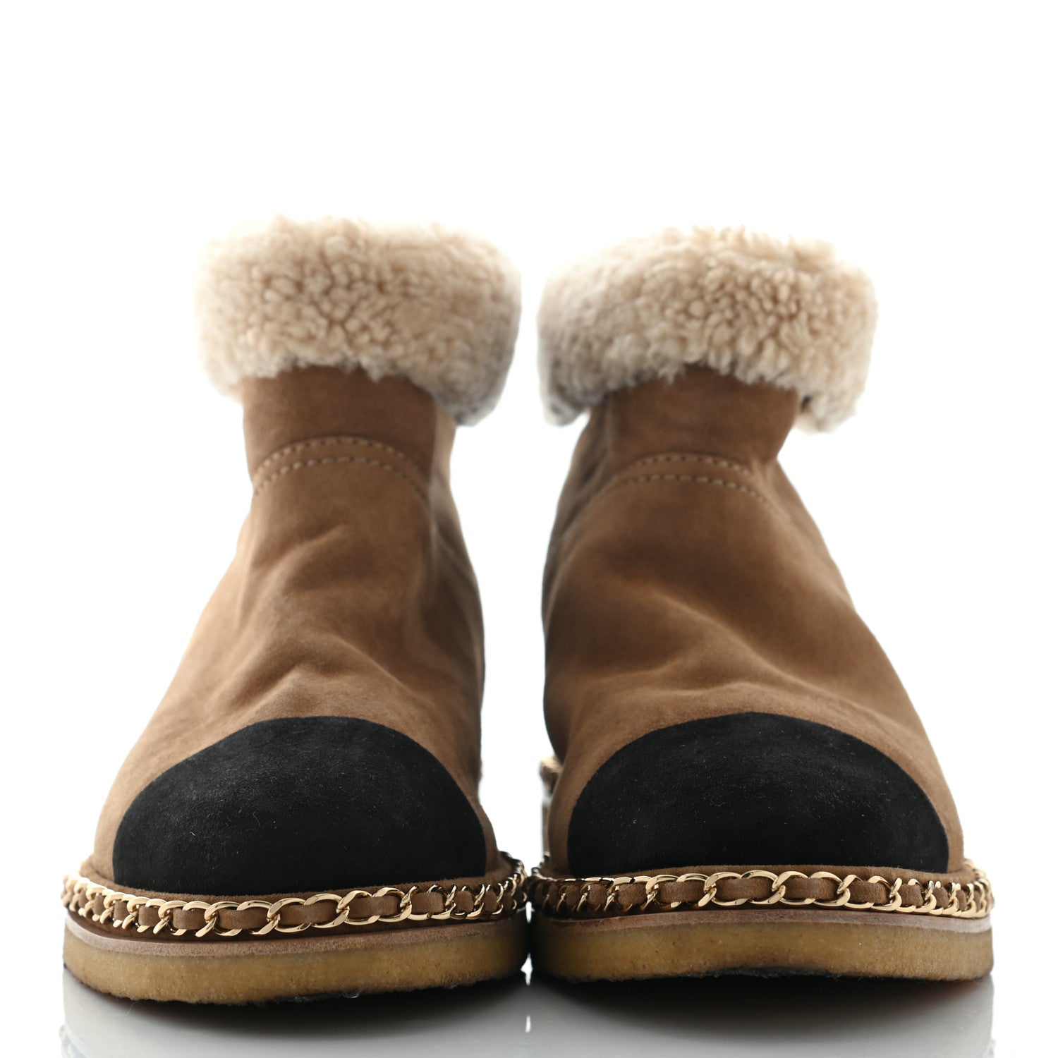 Chanel Kid Suede Shearling Womens Cap Toe Chain Short Boots 41 Light Brown Black 2 of 11