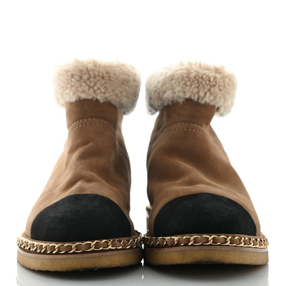 Chanel Kid Suede Shearling Womens Cap Toe Chain Short Boots 41 Light Brown Black 2 of 11