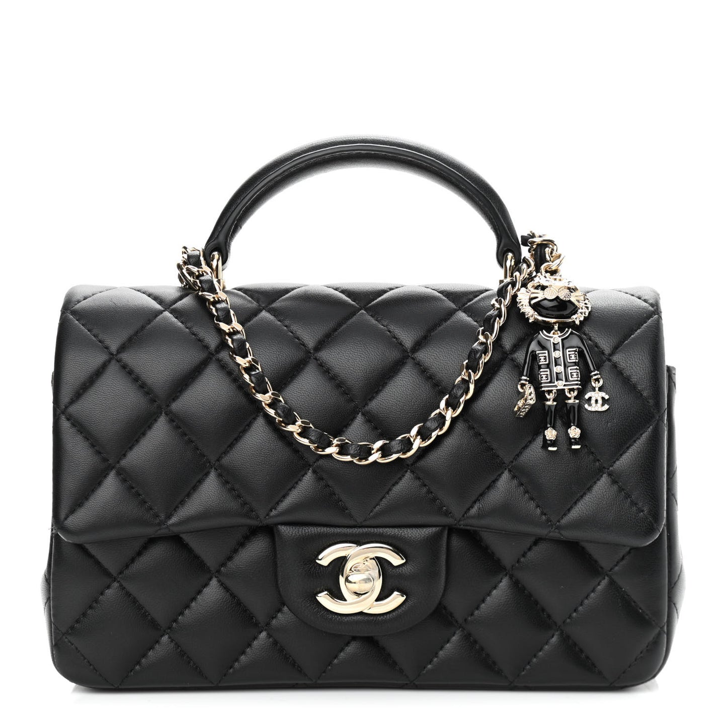 Lambskin Quilted Mini Lion Charm Top Handle Rectangular Flap Black
