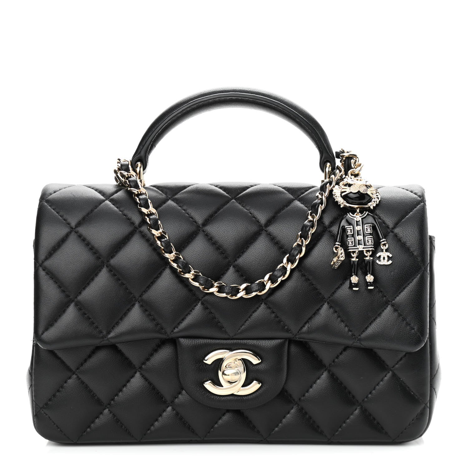 Chanel Lambskin Quilted Mini Lion Charm Top Handle Rectangular Flap Black 1 of 12