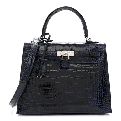 Hermes Shiny Porosus Crocodile Kelly Sellier 25 Bleu Marine 1 of 11