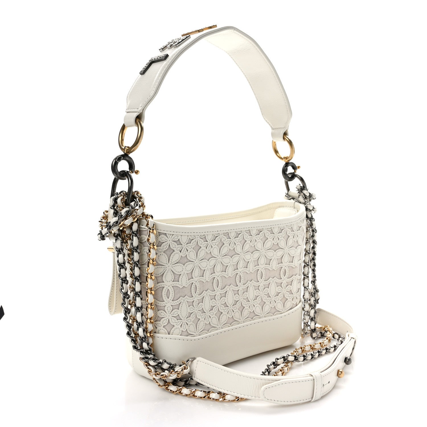 Chanel Calfskin Wool Felt Embossed Small Gabrielle Logo Hobo White 3 of 9