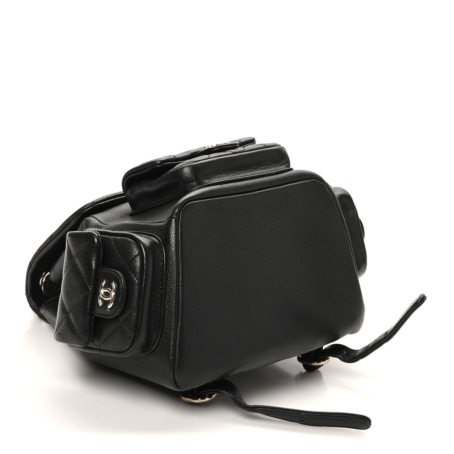 Shiny Caviar Quilted Small Pockets Drawstring Backpack Black