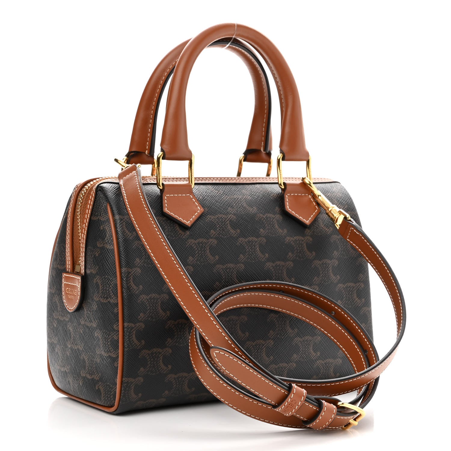 Celine Triomphe Canvas Calfskin Small Boston Bag Tan 3 of 9