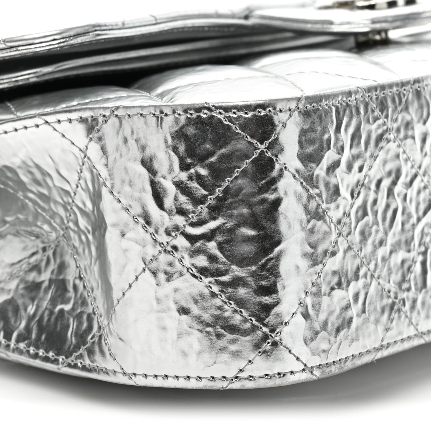 Hammered Metallic Calfskin Quilted Small Double Flap Silver