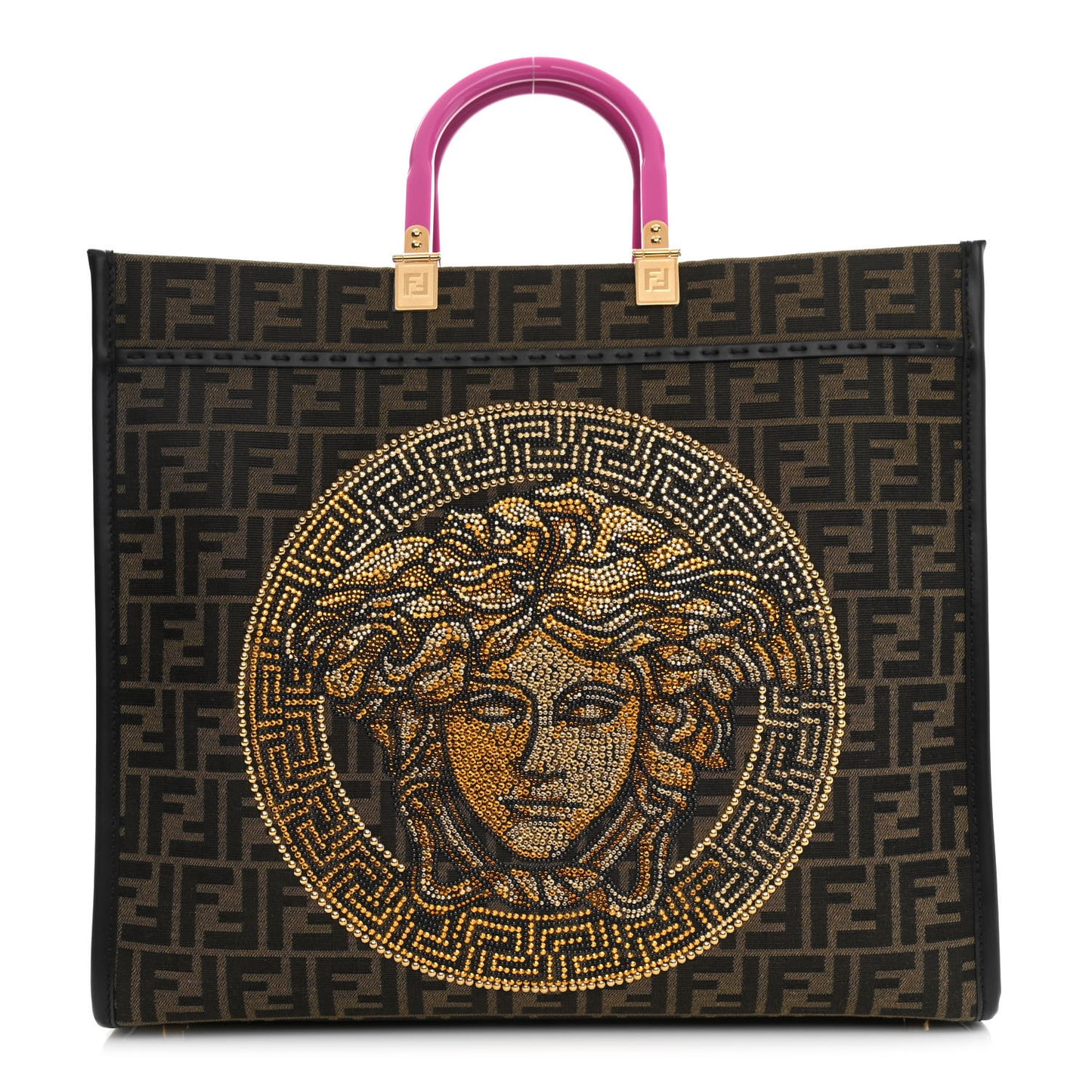 X VERSACE Fabric Jacquard Calfskin Plexiglass Fendace FF Medusa Studded Large Fendi Sunshine Shopper Tote Marrone Fuxia
