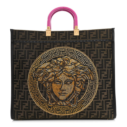Fendi X VERSACE Fabric Jacquard Calfskin Plexiglass Fendace FF Medusa Studded Large Fendi Sunshine Shopper Tote Marrone Fuxia 1 of 10