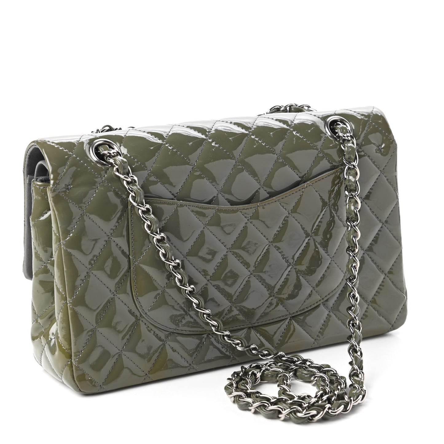 Patent Calfskin Quilted Medium Double Flap Grey
