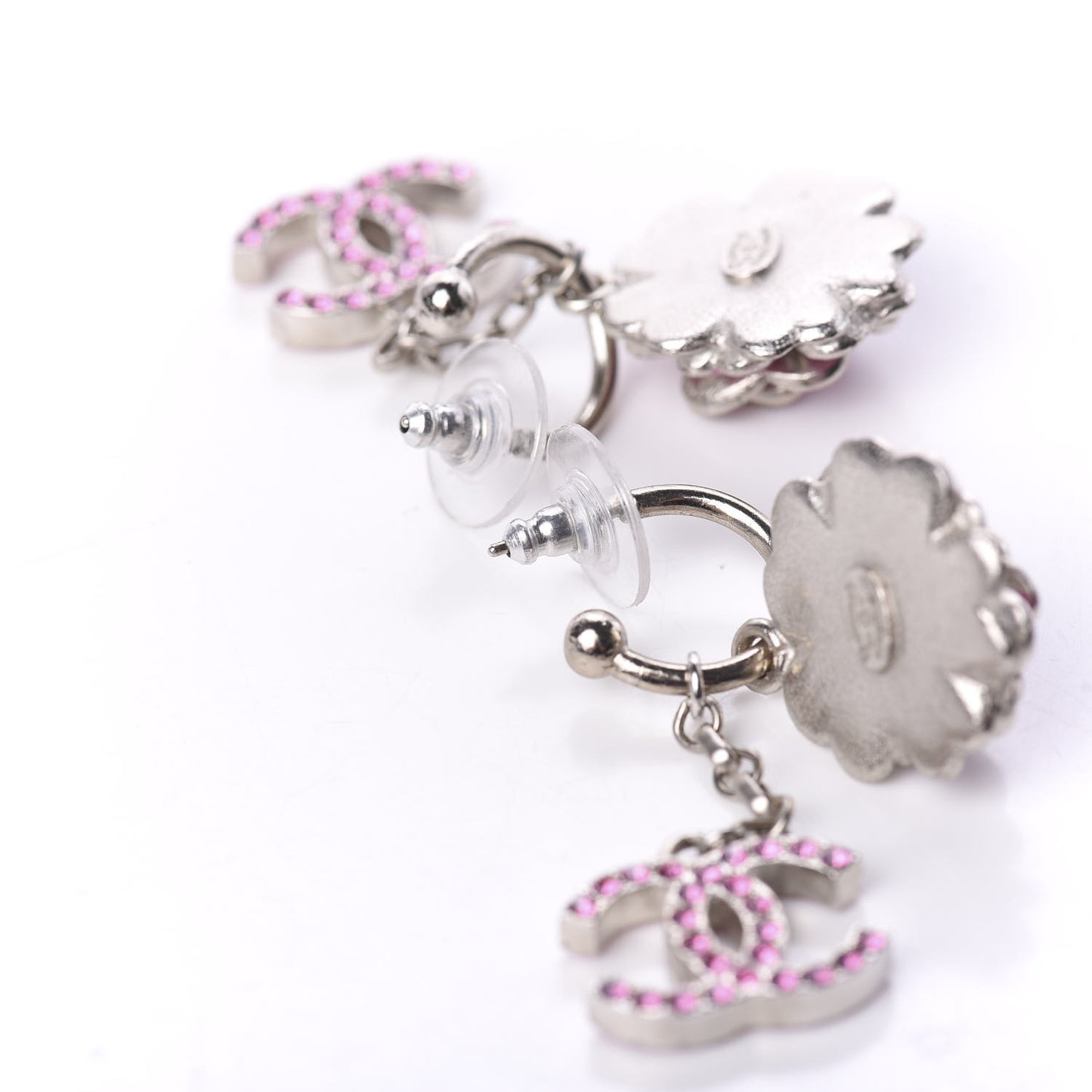 Enamel Crystal Flower CC Drop Earrings Silver Pink