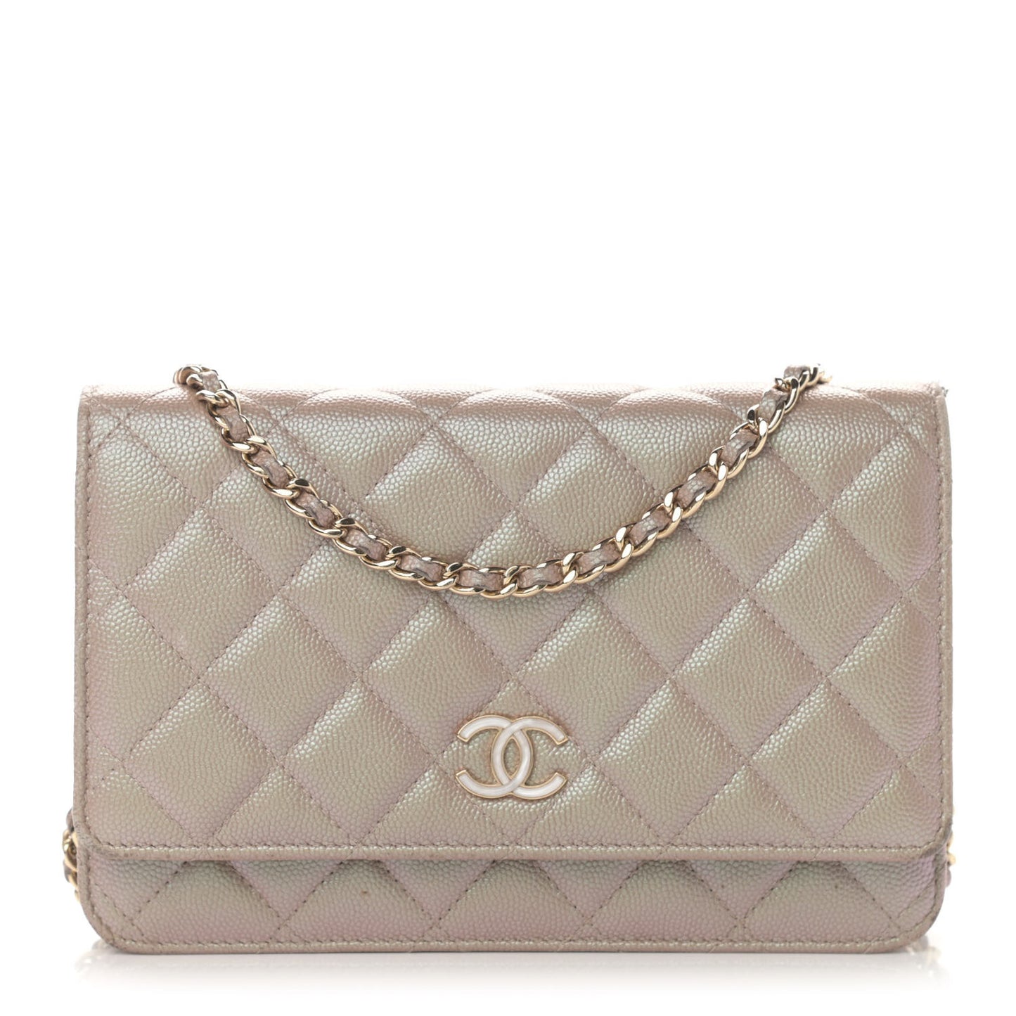 Iridescent Caviar Quilted Wallet On Chain WOC Beige