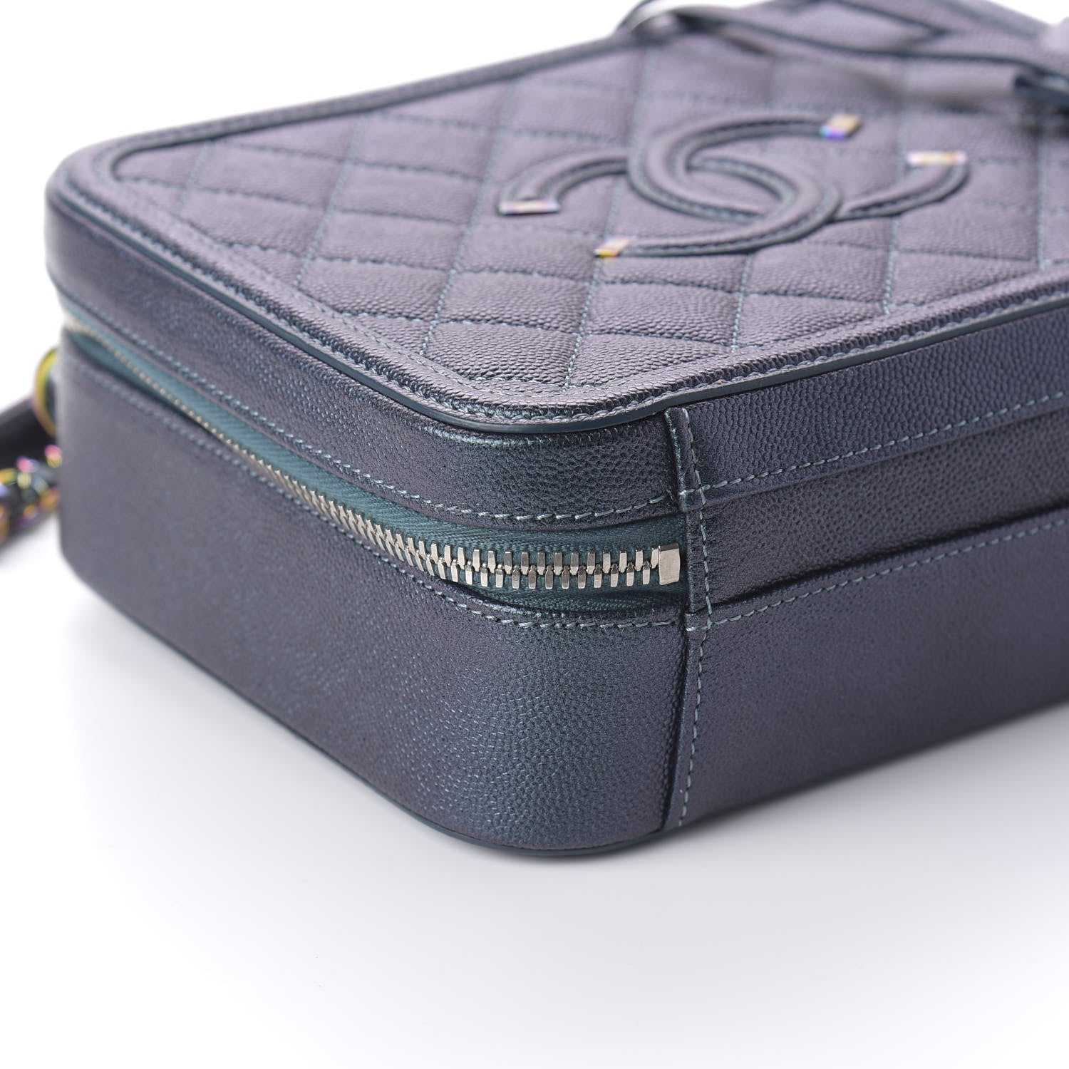 Chanel Iridescent Caviar Quilted Medium CC Filigree Vanity Case Dark Turquoise 7 of 10