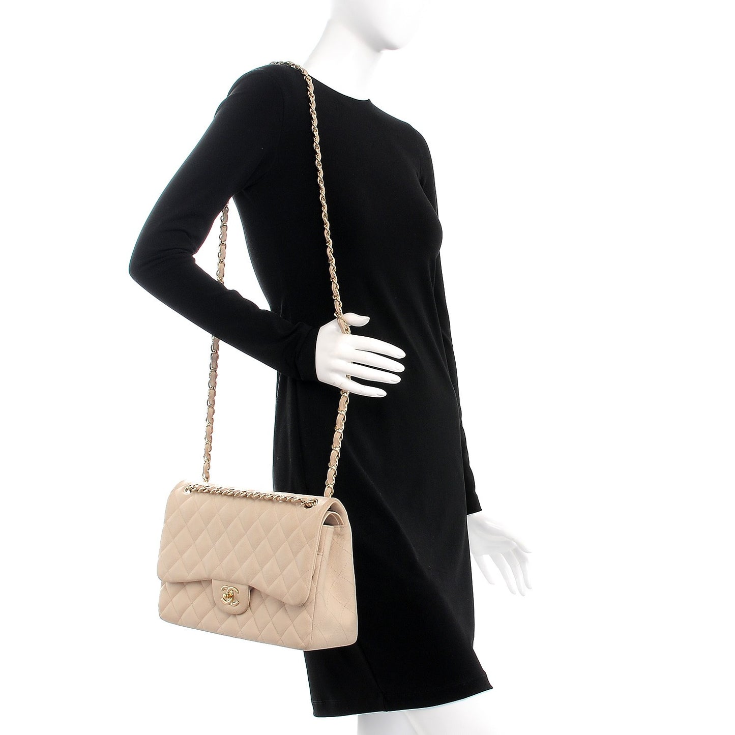 Caviar Quilted Jumbo Double Flap Light Beige