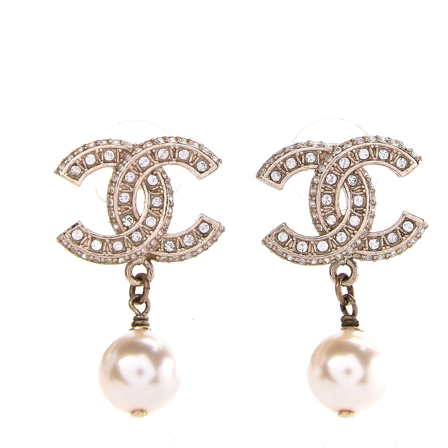 Crystal Pearl CC Drop Earrings Gold