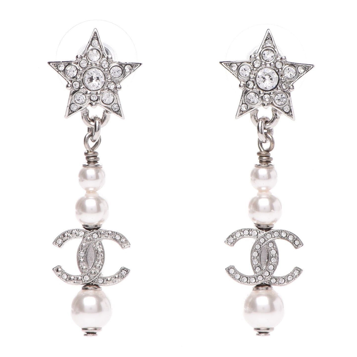 Crystal Pearl CC Star Drop Earrings Silver