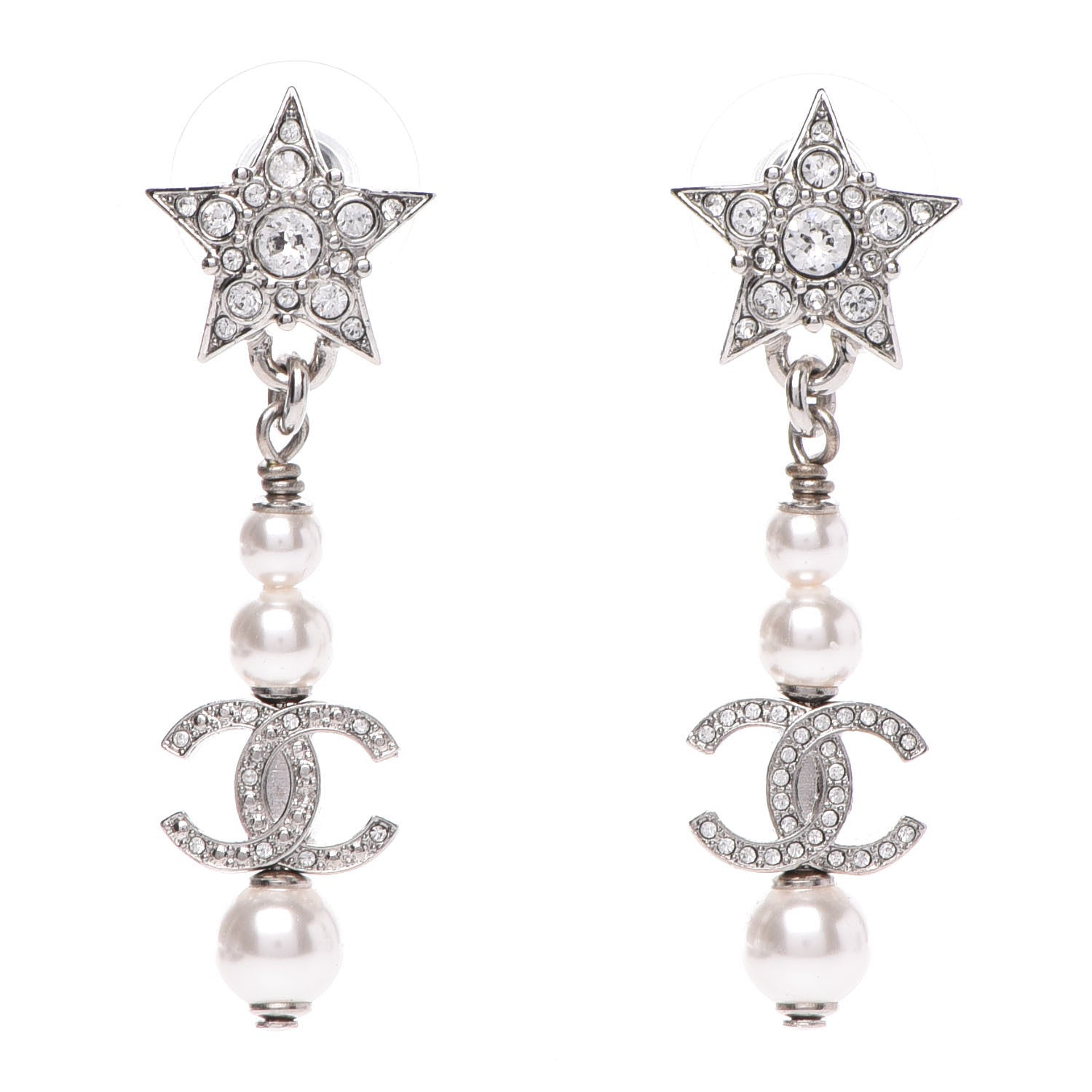 Chanel Crystal Pearl CC Star Drop Earrings Silver 1 of 4