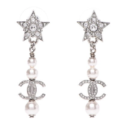 Chanel Crystal Pearl CC Star Drop Earrings Silver 1 of 4