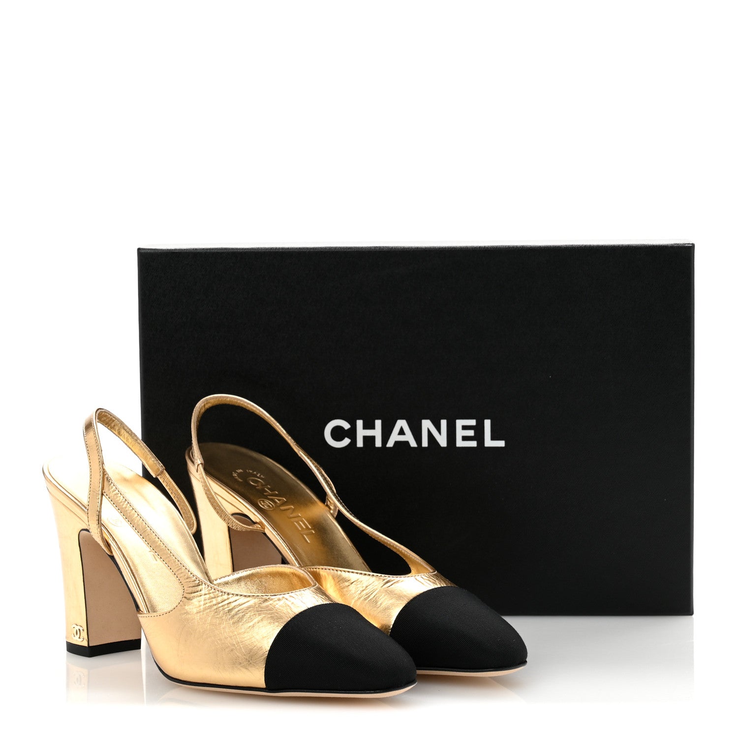 Chanel Laminated Crumpled Lambskin Grosgrain Cap Toe CC Slingback Pumps 39.5 Gold Black 10 of 10