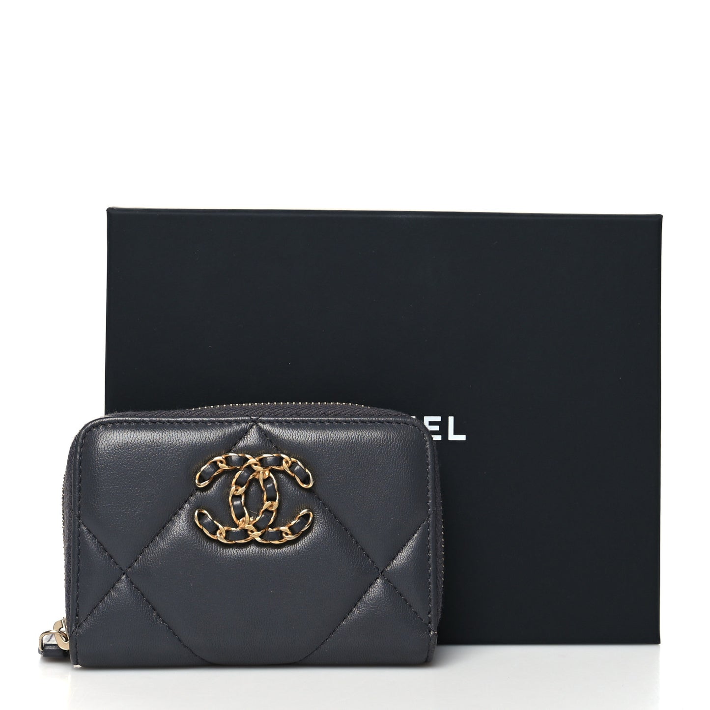 Lambskin Quilted Chanel 19 Zip Around Coin Purse Wallet Dark Grey