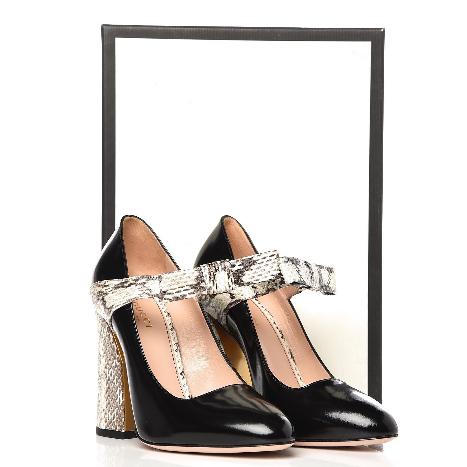 Gucci Polished Calfskin Elaphe Nimue Bow Mary Jane Pumps 36.5 Black Roccia 8 of 8