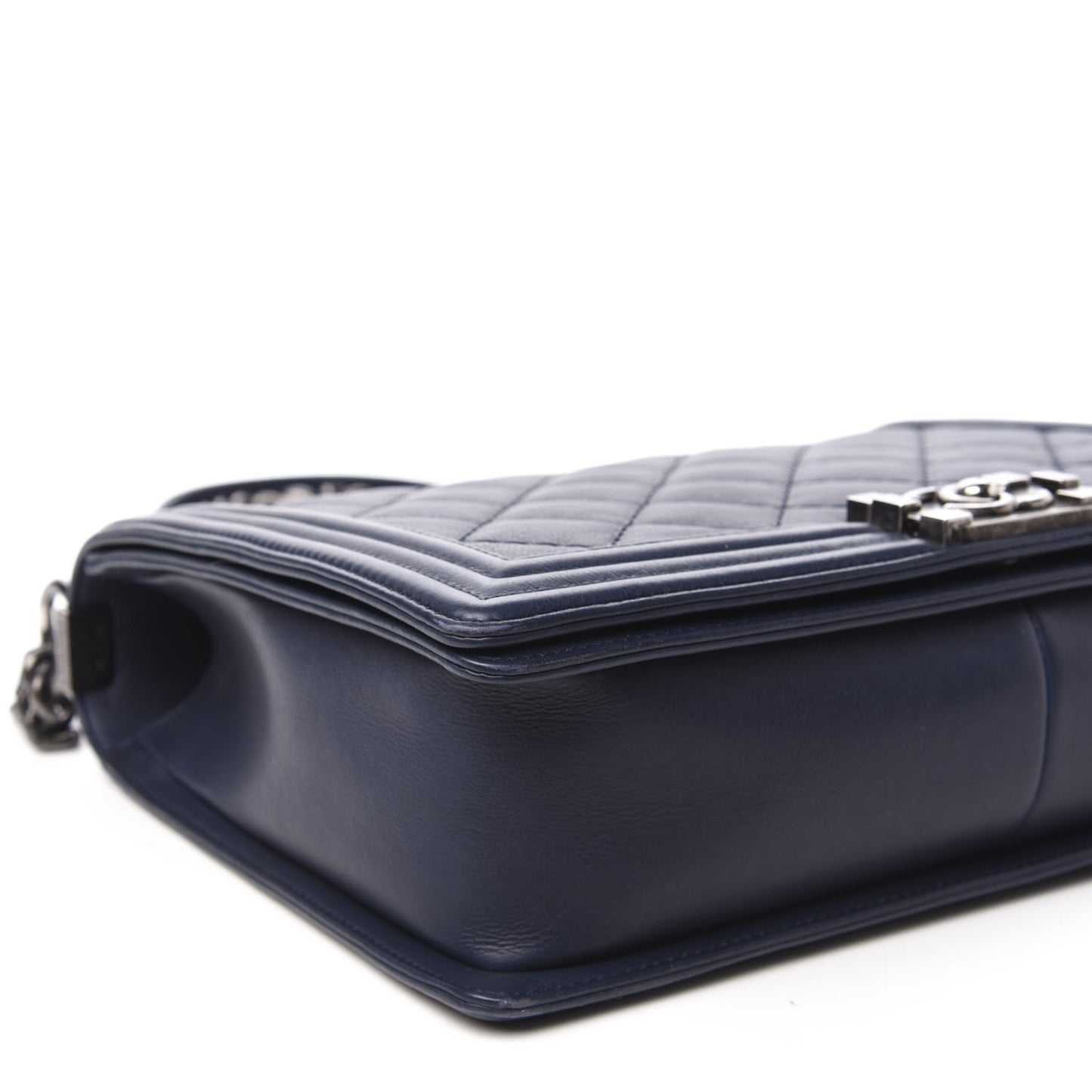 Calfskin Double Stitch Large Boy Flap Navy Blue