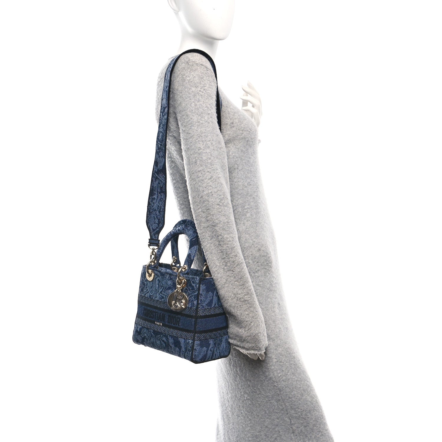 Christian Dior Canvas Toile De Jouy Reverse Embroidered Medium Lady D-Lite Navy Blue 2 of 11