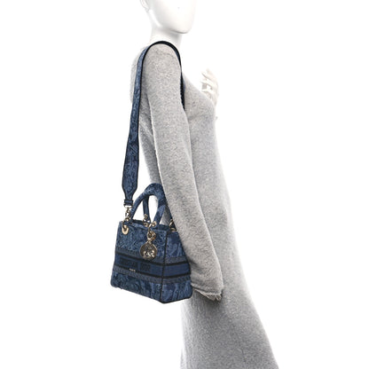Christian Dior Canvas Toile De Jouy Reverse Embroidered Medium Lady D-Lite Navy Blue 2 of 11