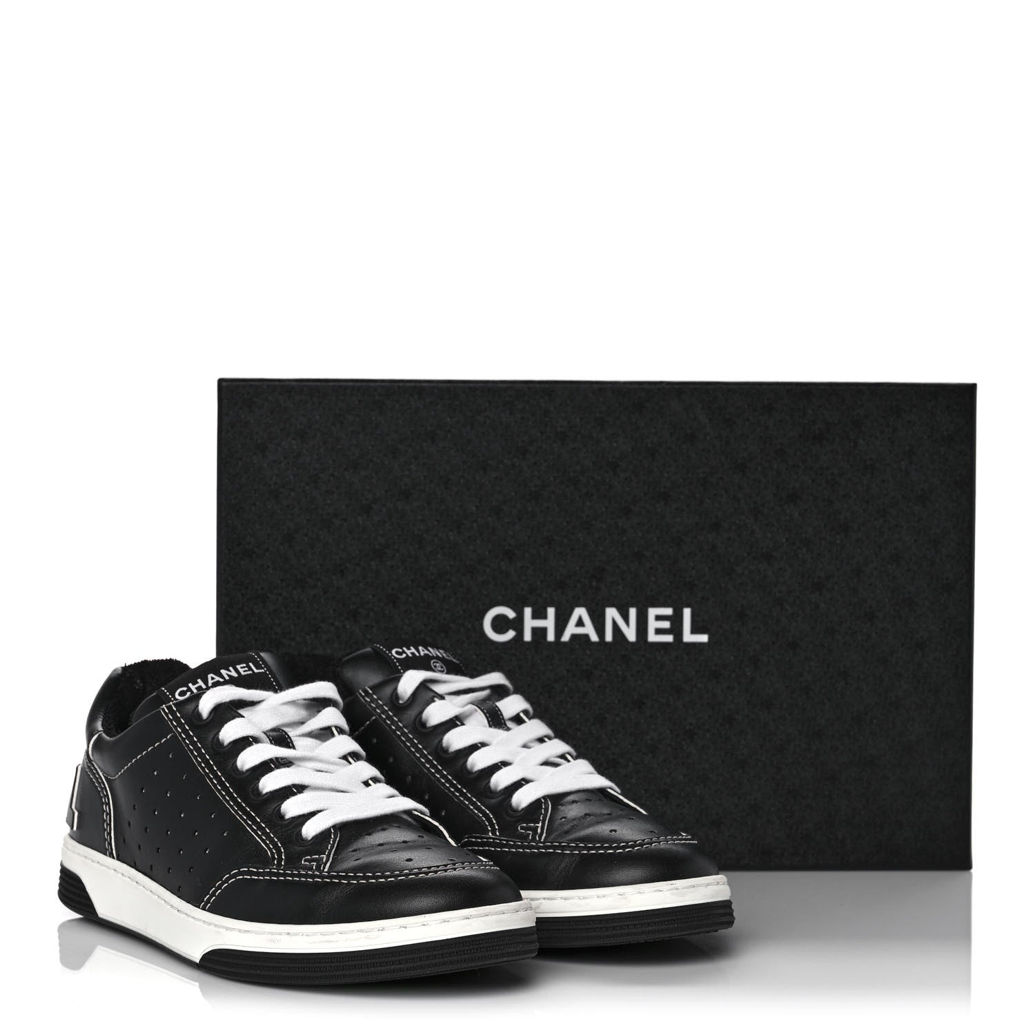 Chanel Calfskin Womens Logo Sneakers 37 Black White 9 of 9