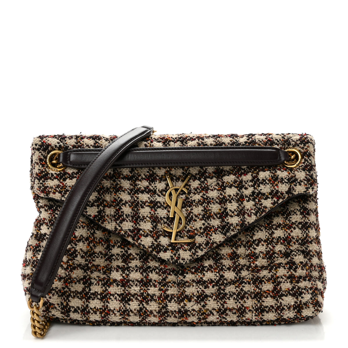 Tweed Quilted Medium Loulou Puffer Monogram Chain Satchel Beige Umber Multicolor