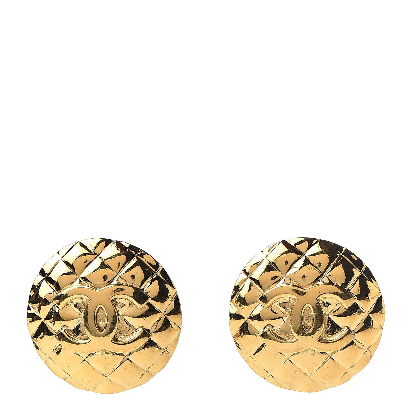 Metal Quilted CC Round Clip On Earrings Gold