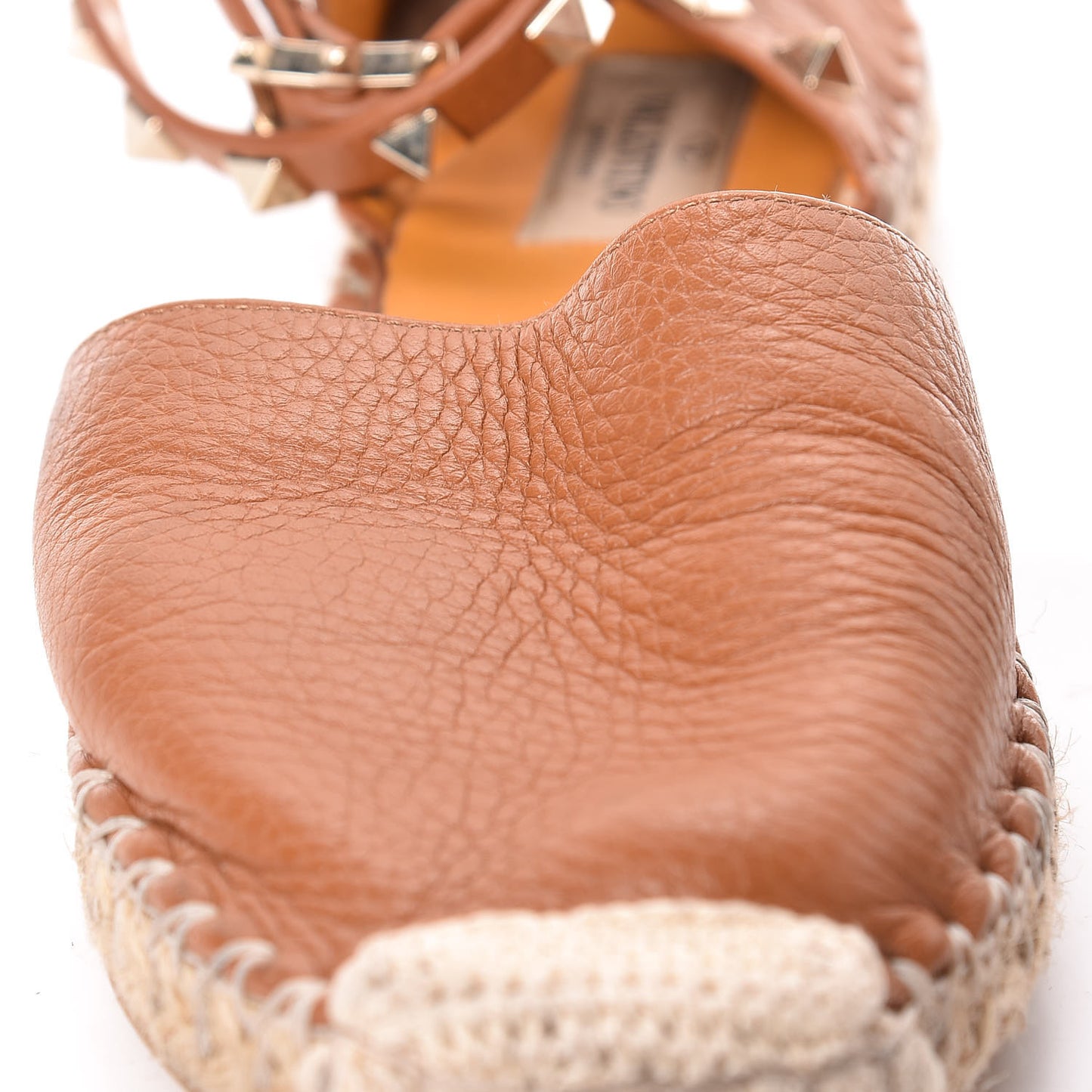 Grained Calfskin Rockstud Ankle Wrap Espadrille Flats 37 Cognac