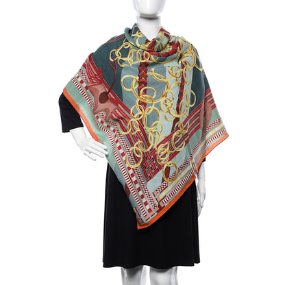 Hermes Cashmere Silk Brides Et Gris Shawl 140 Vert Rouge Vernis 2 of 4