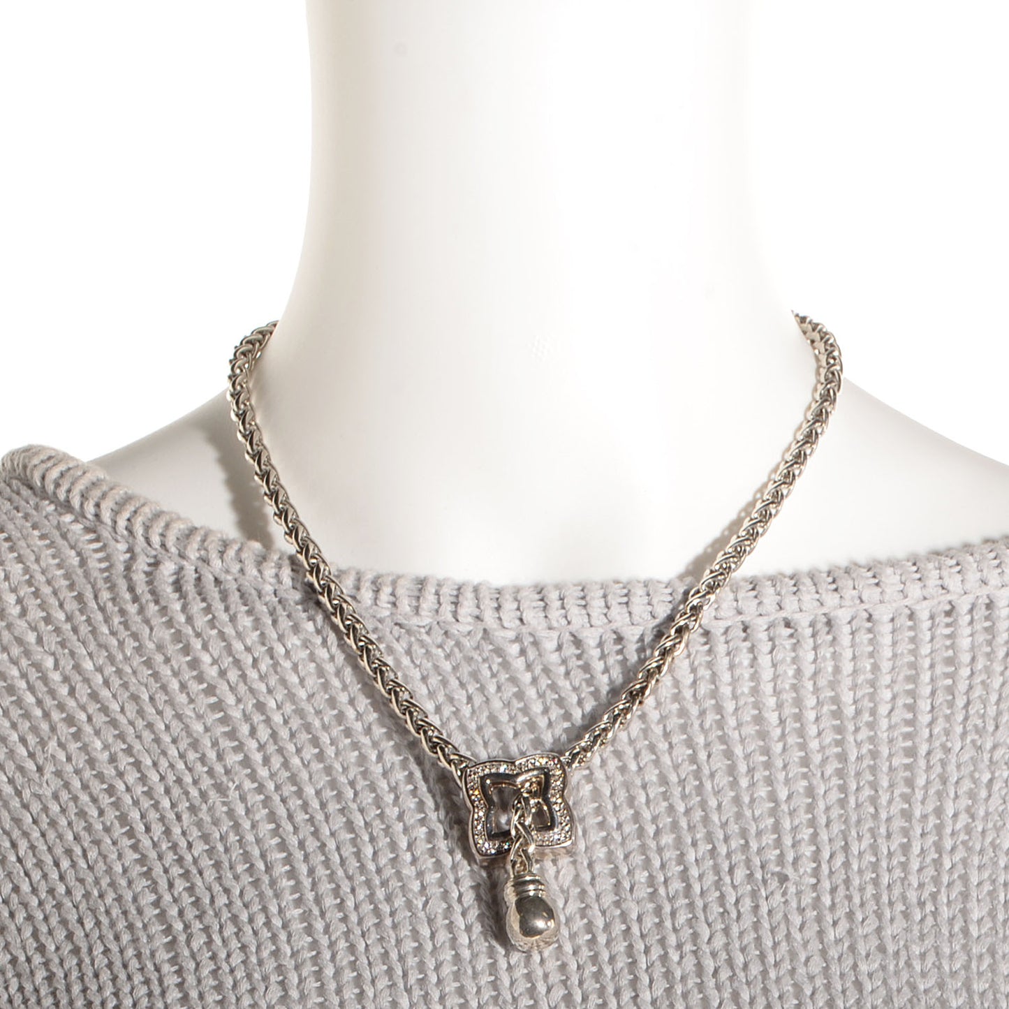 Sterling Silver Diamond Quatrefoil Lariat Wheat Chain Necklace