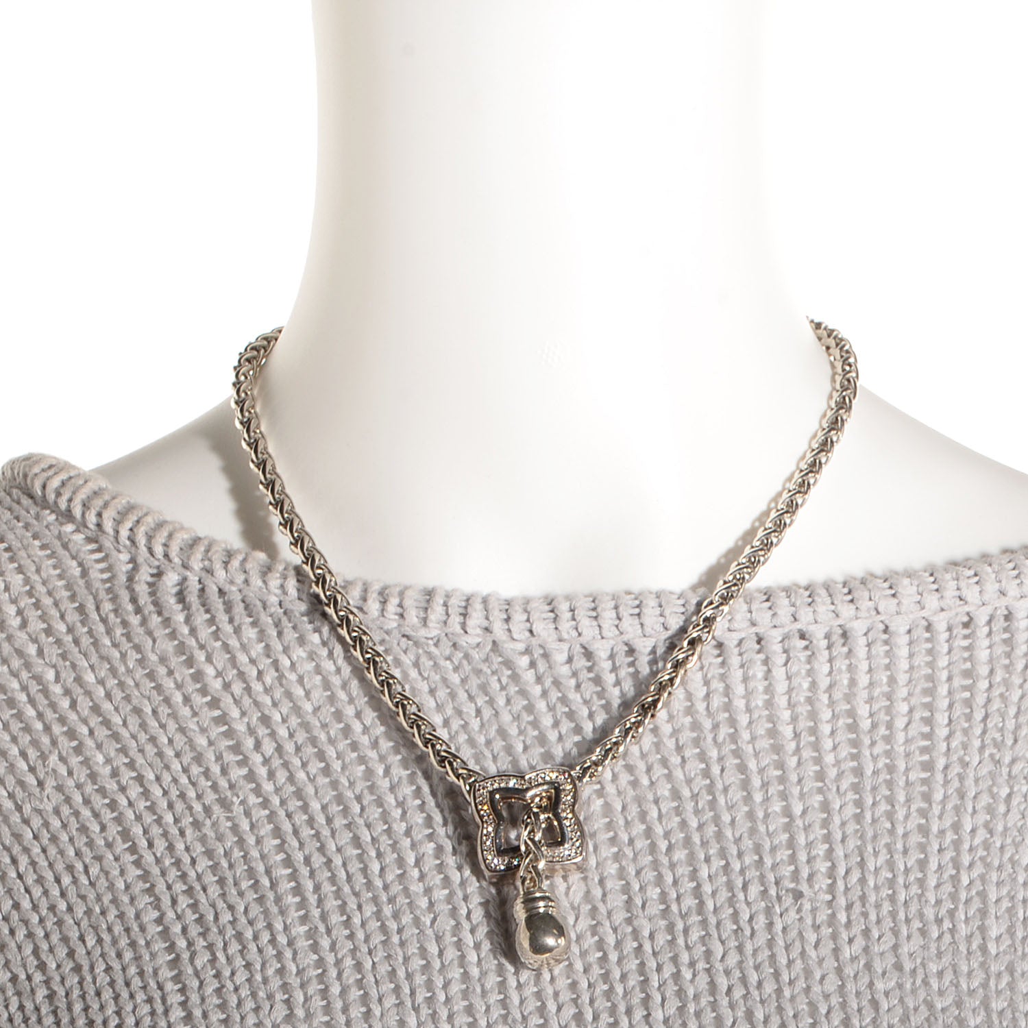 David Yurman Sterling Silver Diamond Quatrefoil Lariat Wheat Chain Necklace 2 of 5