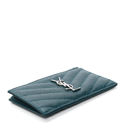 Saint Laurent Grain De Poudre Matelasse Chevron Monogram Fragments Zippered Card Case Petrol Green 3 of 4