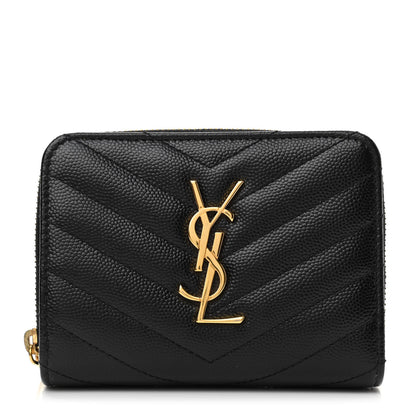 Saint Laurent Grain De Poudre Matelasse Chevron Monogram Compact Zip Around Wallet Black 1 of 9
