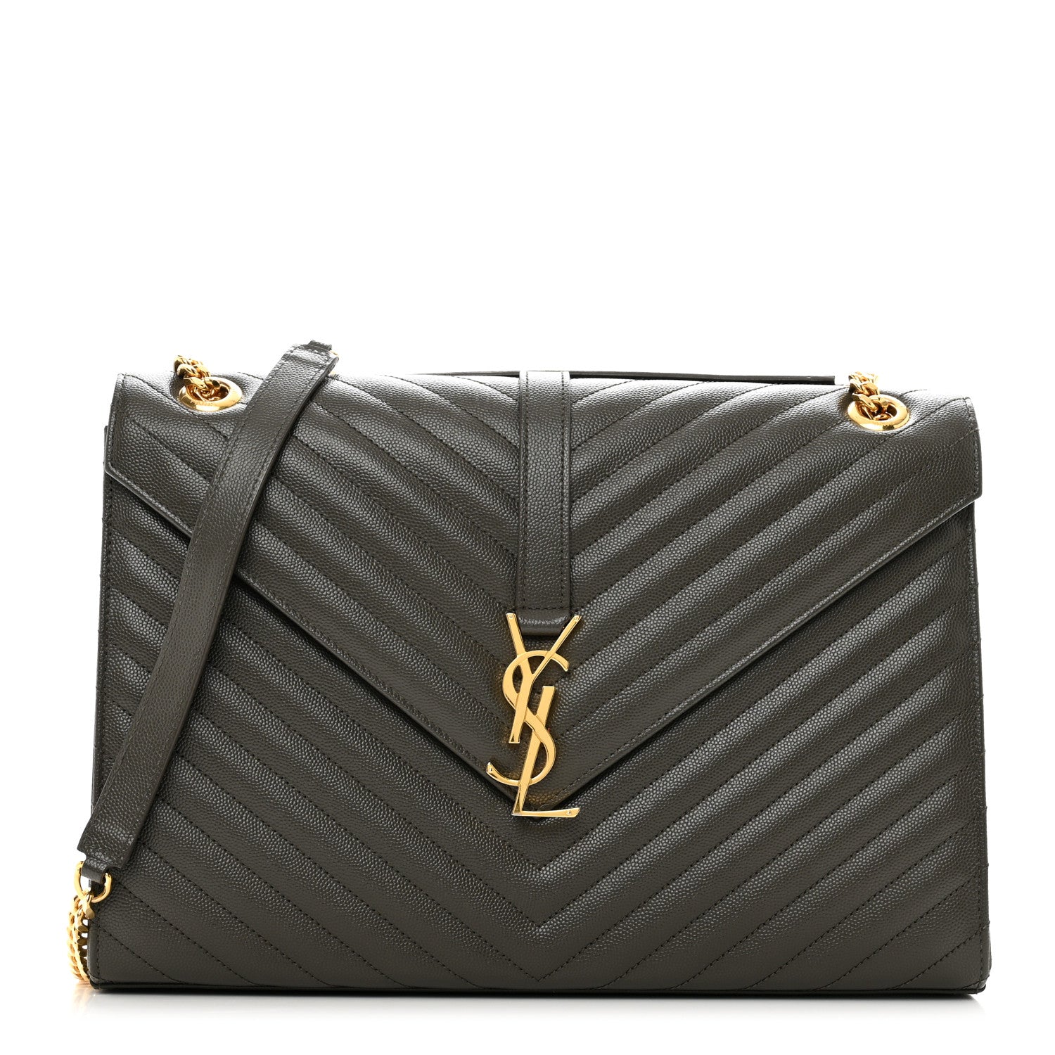 Saint Laurent Grain De Poudre Matelasse Chevron Large Monogram Satchel Earth 1 of 10
