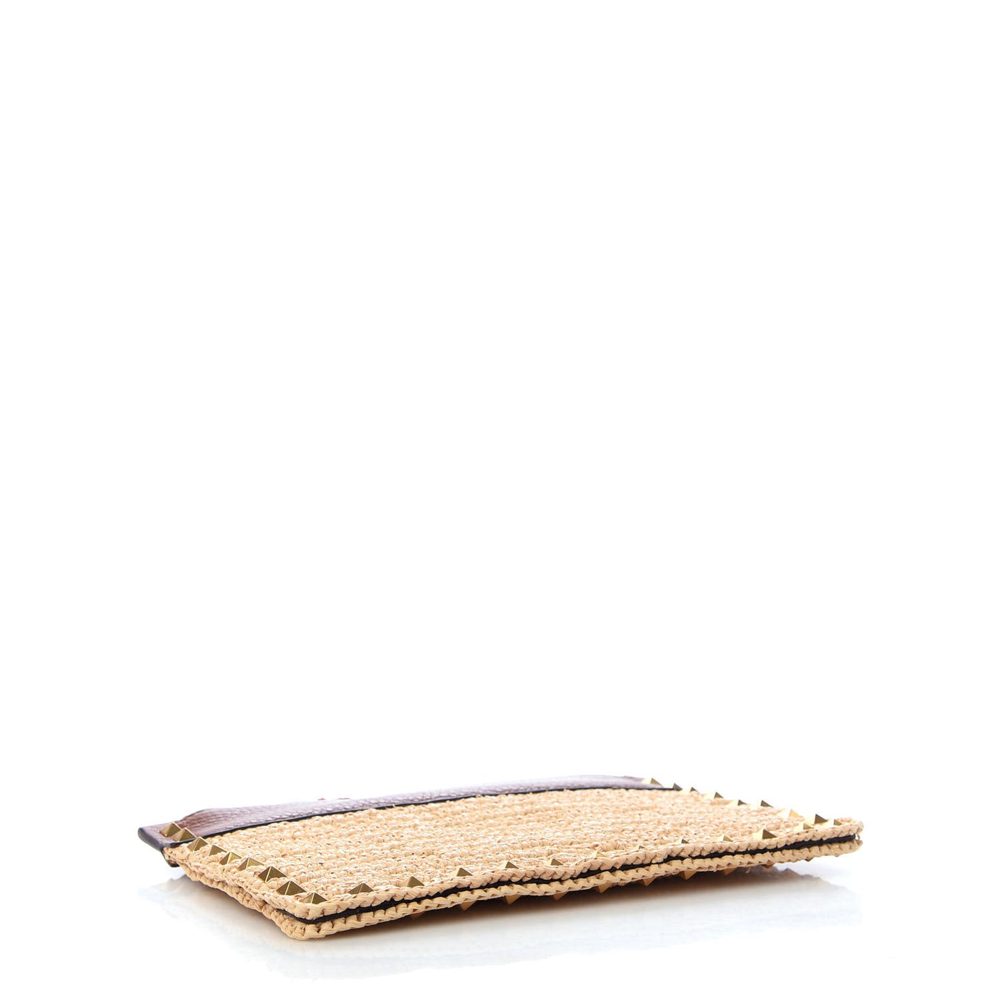 Raffia Calfskin Small Rockstud Zip Pouch Natural Saddle Brown