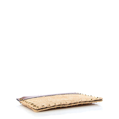 Valentino Garavani Raffia Calfskin Small Rockstud Zip Pouch Natural Saddle Brown 4 of 6